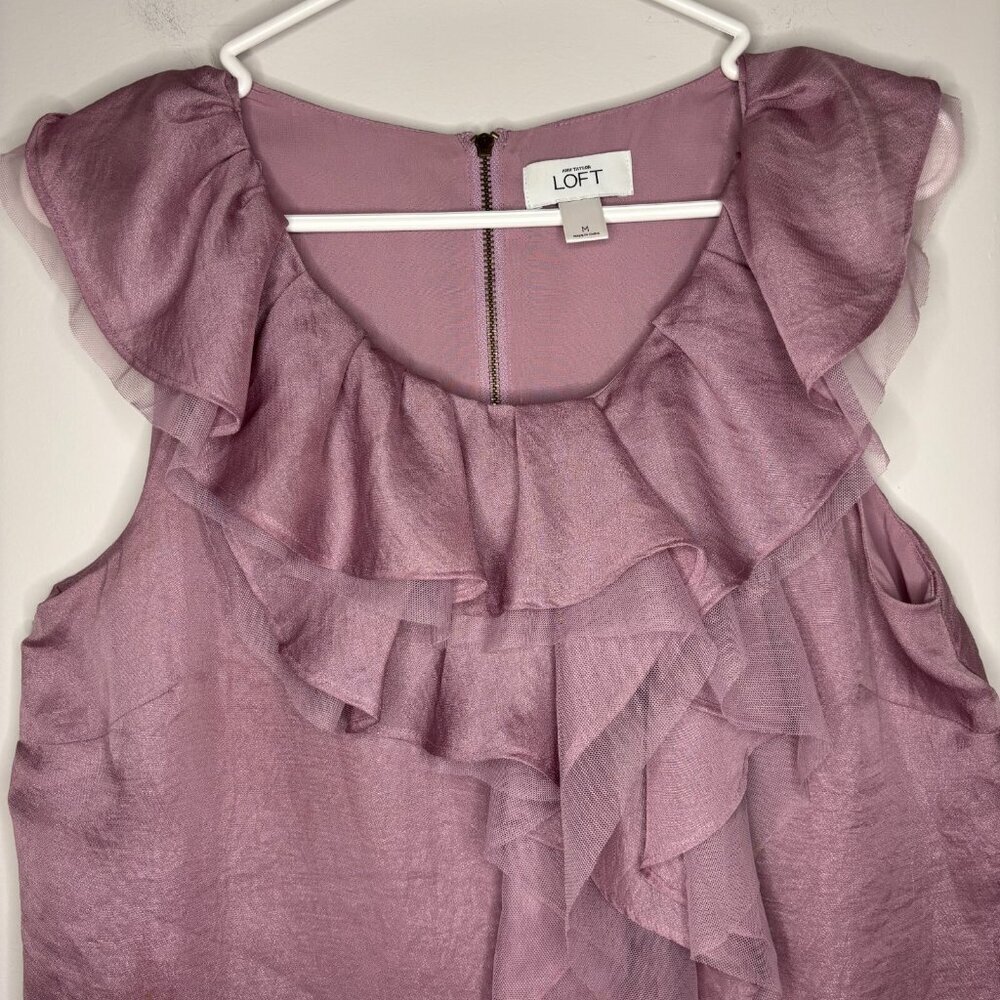 ANN TAYLOR LOFT Blouse M Pink Ruffle Round Neck Zipper Lined